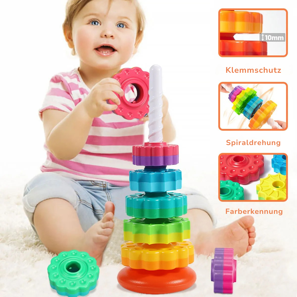 Montessori Regenbogen-Turm – Drehbares Stapelspiel für Babys