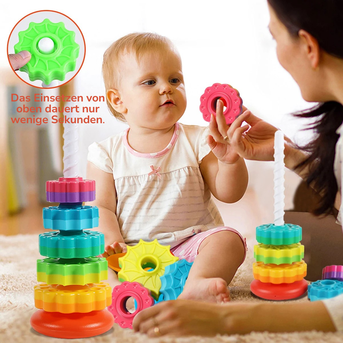 Montessori Regenbogen-Turm – Drehbares Stapelspiel für Babys